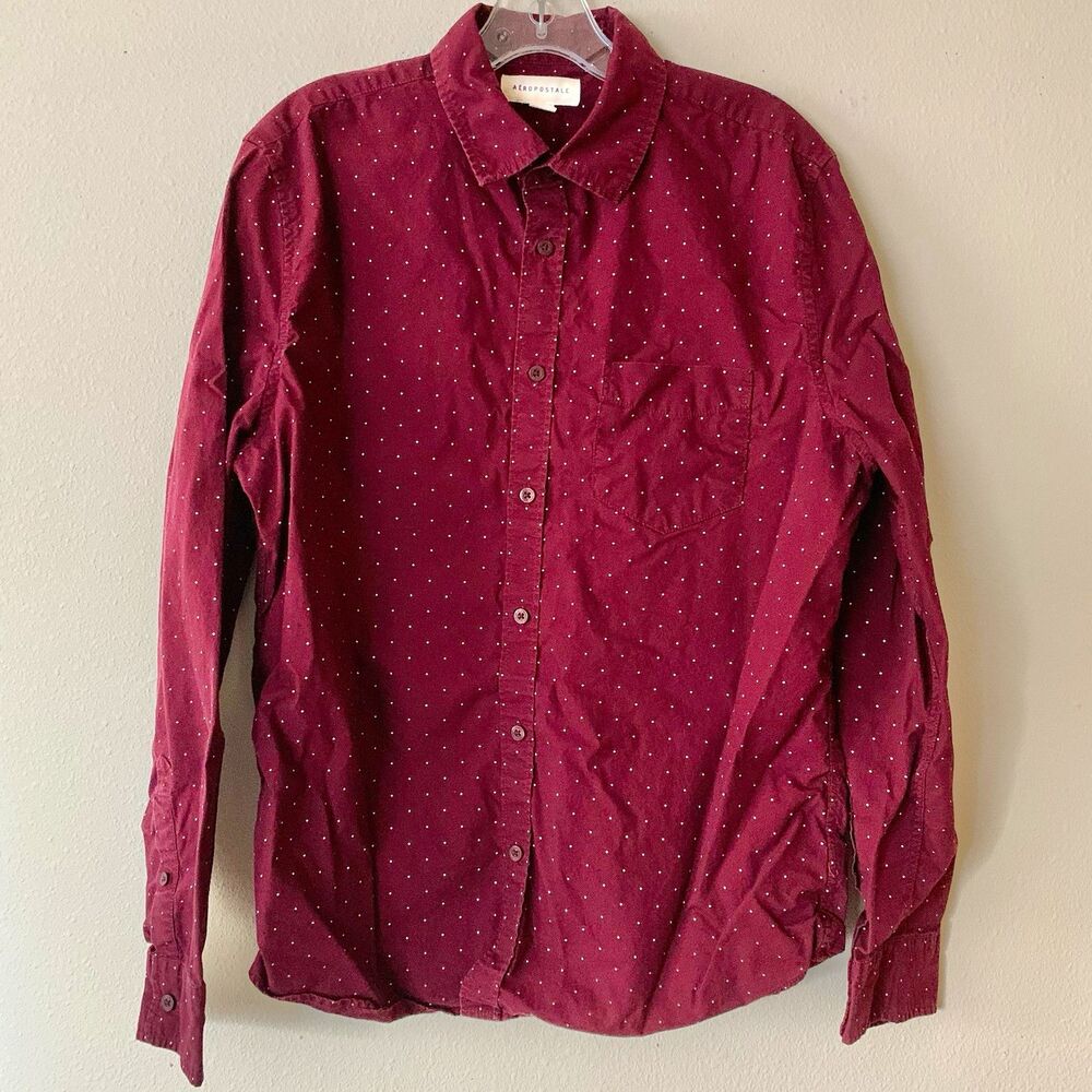 Aéropostale Mens Burgundy Polka Dot Long Sleeve Button Up Shirt Sz M Preppy